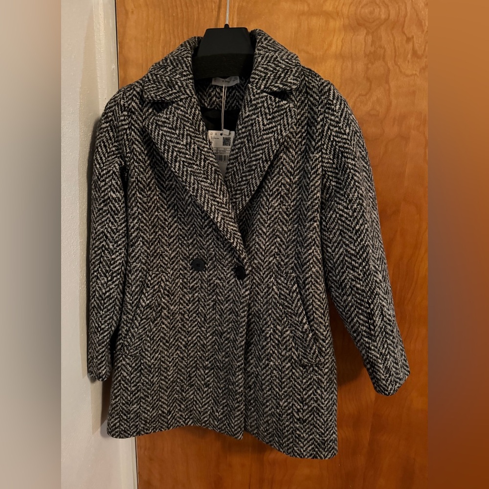 Mango Black and White Herringbone Pea Coat